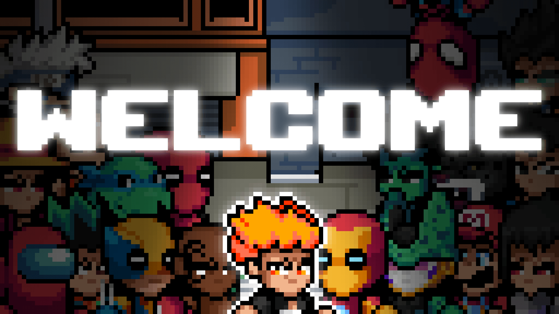Pixel crowd under a WELCOME banner